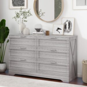 ftzxhklx modern 6-drawer dresser for bedroom, dresser chest of drawer with large drawers & golden handles, wooden dresser drawer storage unit for bedroom, living room, closet (wash grey)