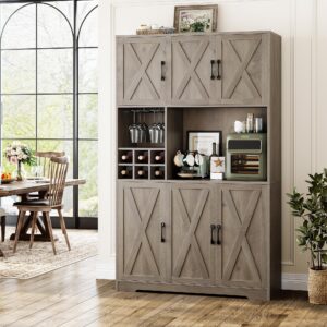 HOSTACK Kitchen Pantry Storage Cabinet, 71" Tall Food Pantry Cabinet with Microwave Stand, Farmhouse Kitchen Hutch Cabinet, Coffee Bar Hutch with Wine Rack for Dining Room, Living Room, Ash Grey