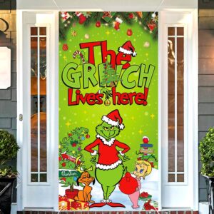 christmas decorations door banner, 71'' x 35'' christmas whoville door cover, christmas green monster decorations for winter holiday christmas home indoor outdoor decor party