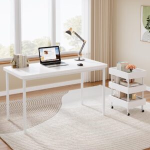 tribesigns 47-inch computer writing desk, simple white home office desks with 3-tier wood storage cart, modern study table work desk workstation for bedroom, small spaces