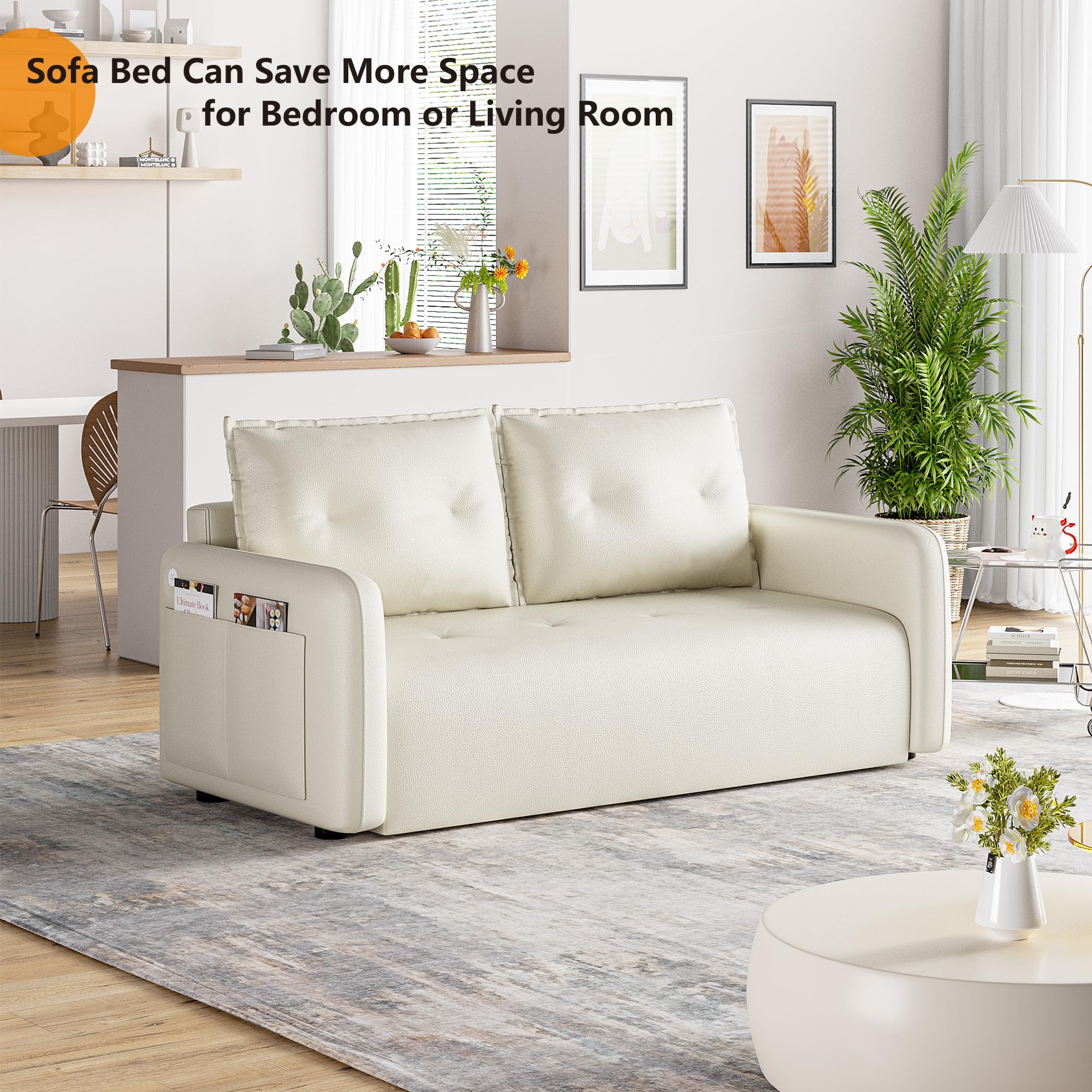 Sofa Bed Couch，3 in 1 sleeper sofa couch with pullout bed，Convertible sofa bed with 2 USB and 1 Type-C Charging Port，4 storage Pockets and 2 soft Pillows,Adjsutable Loveseat for Living Room,White