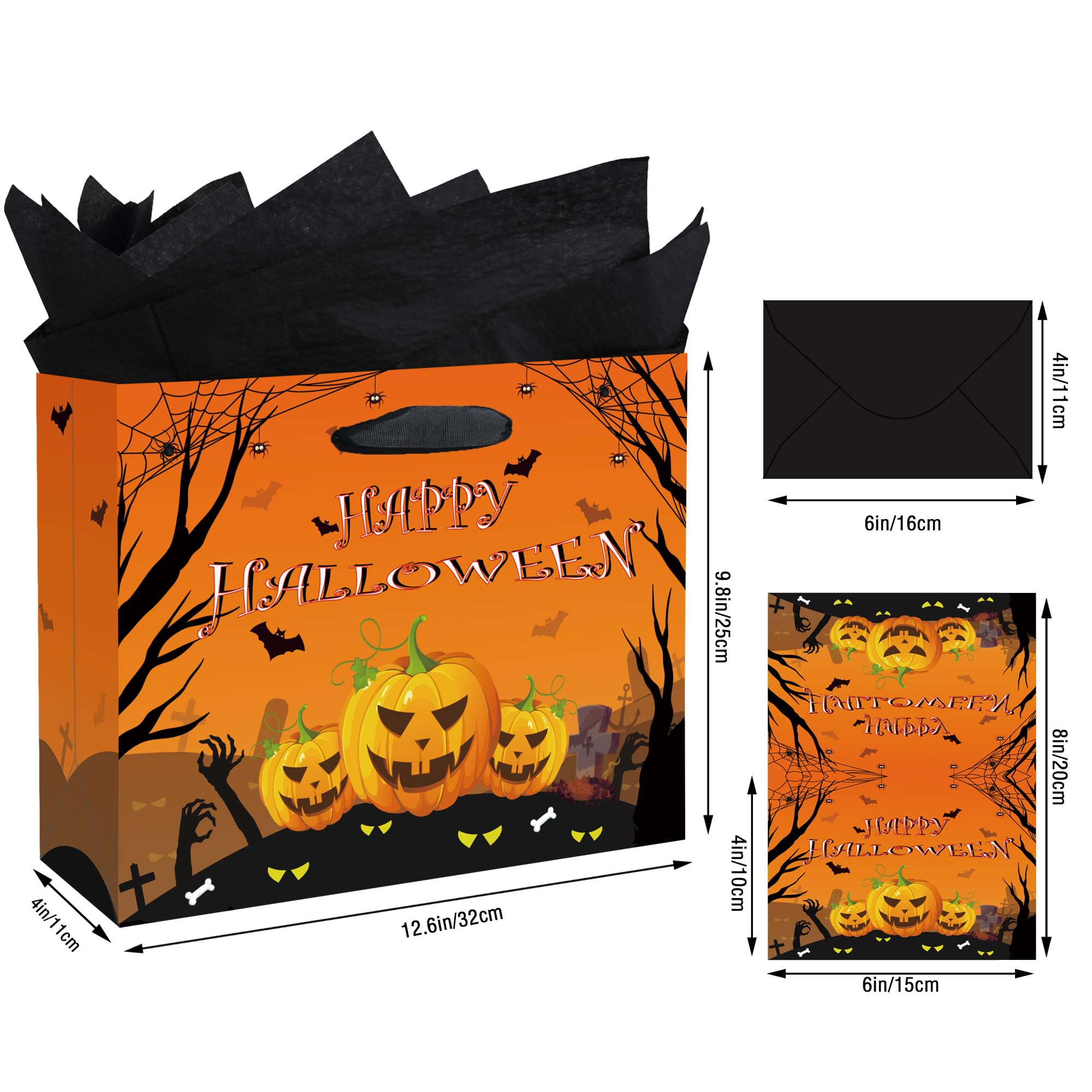 Large Happy Halloween Bag, Orange Halloween Paper Gift Bag with Tissue Paper and Card, Halloween Party Favors Bags Pumpkin Gift Bag, Halloween Wrapping Gift Paper for Halloween Party Gift Supplies