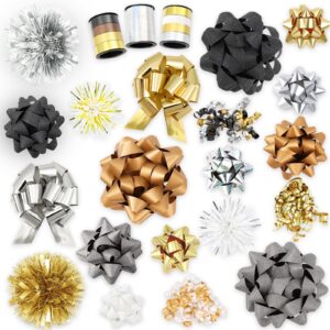 yujun 23pcs christmas gift bows decoration set xmas pull paper present bows assortment with christmas gift ribbons wrapping bows for christmas new year wedding decoration(black gold)