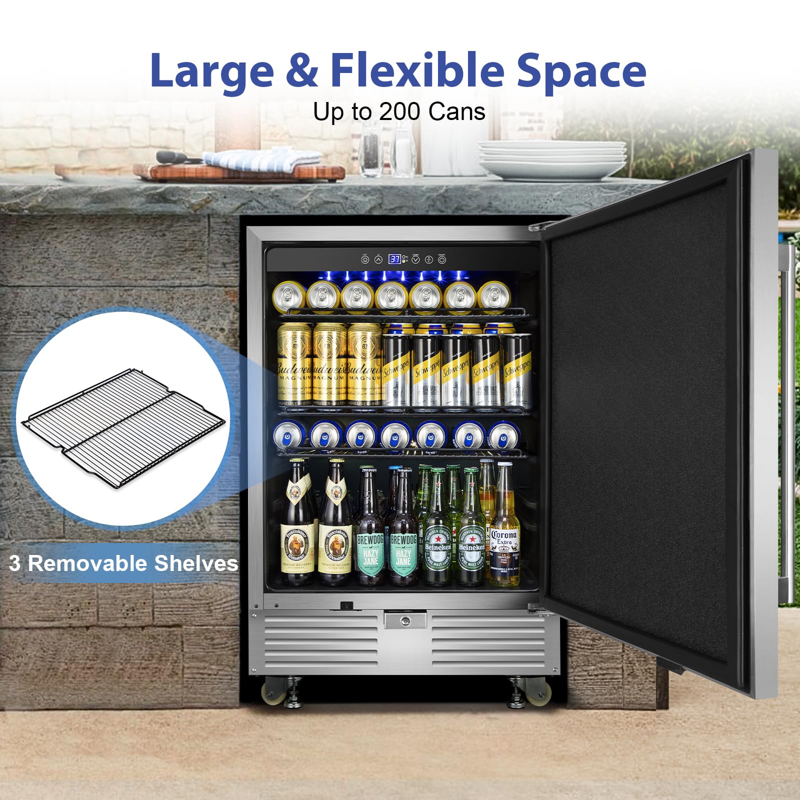 Outdoor Refrigerator with Wheels, 24 Inch Undercounter Beverage Fridge Lockable, 180 Cans Beverage Cooler Durable and Waterproof for Outdoor Kitchen and Patio