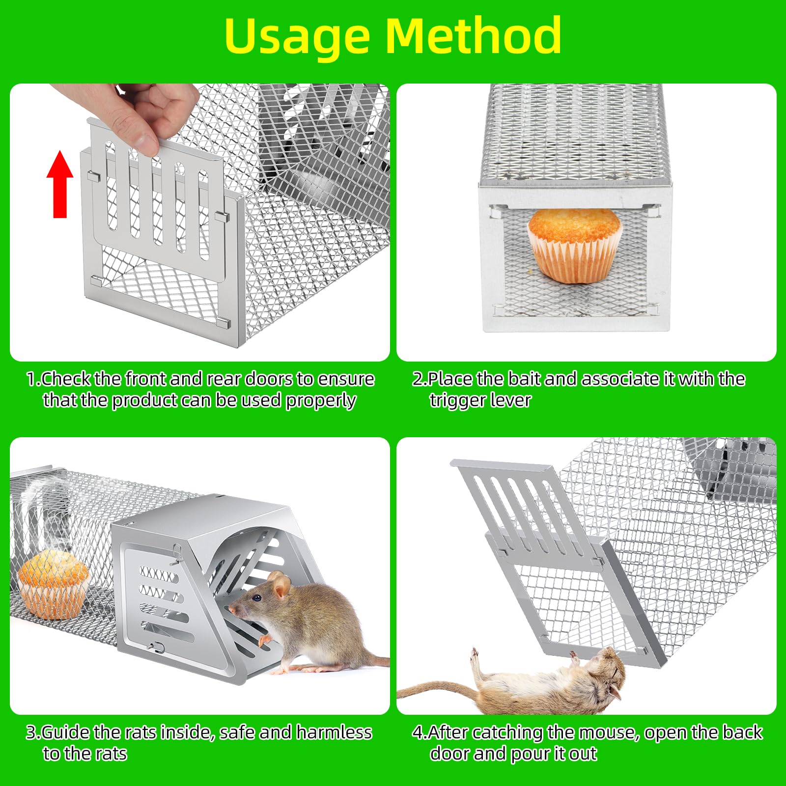 2024 Humane Rat Trap Outdoor Chipmunk Rodent Trap Humane Mouse Trap Indoor Squirrel Trap,Metal Humane Rat Mouse Live Cage Trap,Sensitive Pedal Trigger,Live Animal Trap for Rodents,Mice,Moles,Voles