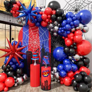 134pcs black red and blue balloons arch garland kit, spider theme balloon arch for men with foil balloons for baby shower spider theme birthday party decorations