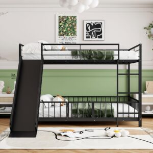 Bellemave Full Over Full Bunk Bed with Slide and Ladder, Metal Bunk Bed for Kids, Girls, Boys, Removable Fence, Low Bunk Bed with Slide, with Door, Black