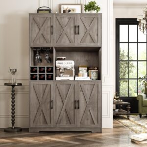 HOSTACK Kitchen Pantry Storage Cabinet, 71" Tall Food Pantry Cabinet with Microwave Stand, Farmhouse Kitchen Hutch Cabinet, Coffee Bar Hutch with Wine Rack for Dining Room, Living Room, Ash Grey