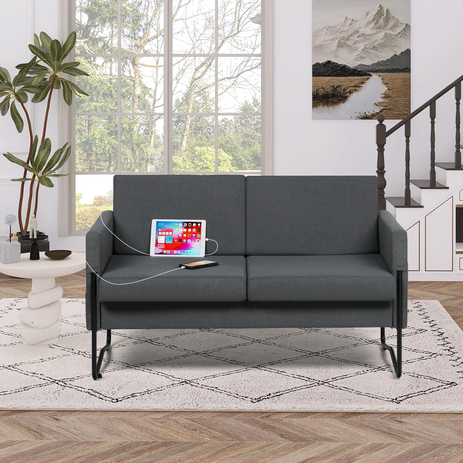 STHOUYN 51” Small Sofa Couches for Small Spaces with 2 USB, Comfy Modern Couch, 2 Seat Couch Loveseat Sofa for Living Room Bedroom, Office Apartment Couch (Dark Grey)