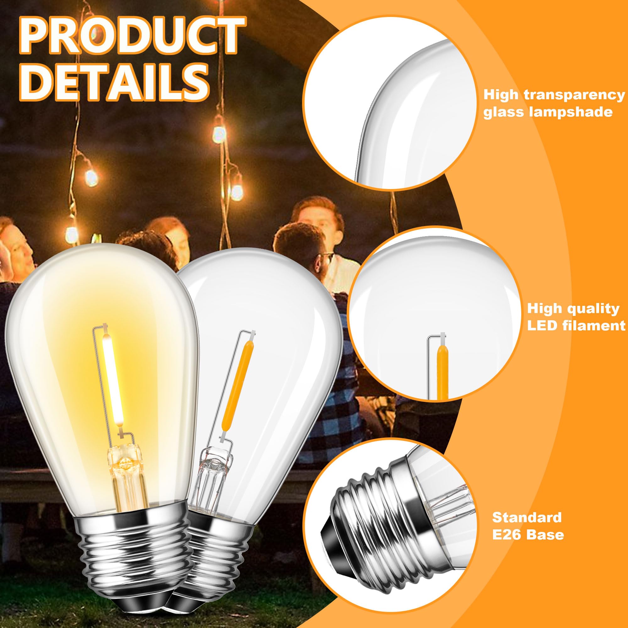 Sphoon 25 Pack S14 Replacement LED Bulbs Outdoor String Lights Bulbs Filament Edison Bulb 1W=10W for Garden Patio Party Warm White 2700K,80LM,Clear Glass,E26 Base