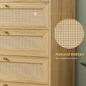 AOGLLATI Rattan Dresser for Bedroom with 5 Drawer, Modern Double Wooden Tall Bedroom Dresser, Chest of Drawers with Metal Handle & Solid Wood Legs for Bedroom/Living Room,Nature