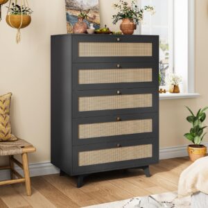 AOGLLATI Black Rattan Dresser for Bedroom with 5 Drawer, Modern Double Wooden Tall Bedroom Dresser, Chest of Drawers with Metal Handle & Solid Wood Legs for Bedroom/Living Room, Black