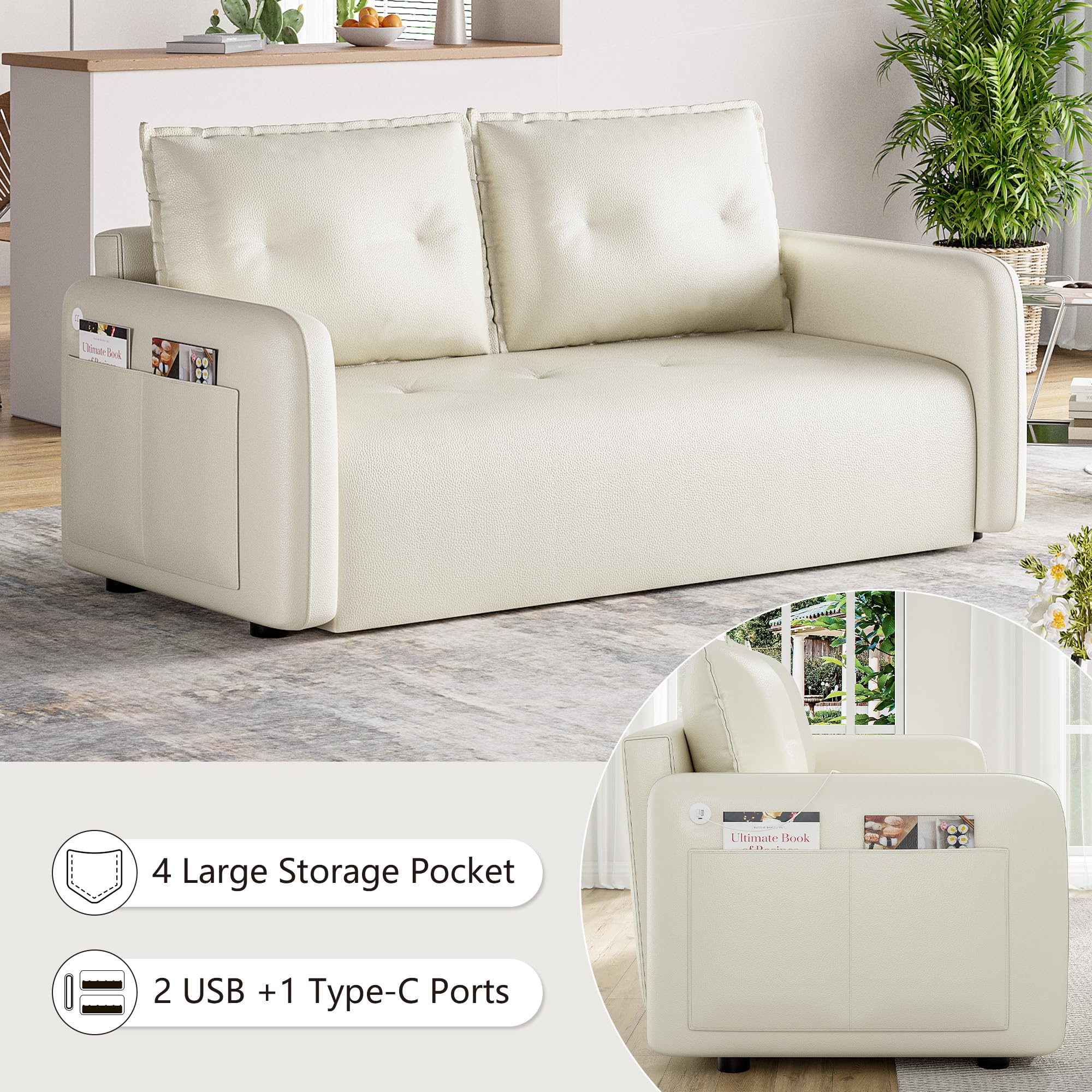 Sofa Bed Couch，3 in 1 sleeper sofa couch with pullout bed，Convertible sofa bed with 2 USB and 1 Type-C Charging Port，4 storage Pockets and 2 soft Pillows,Adjsutable Loveseat for Living Room,White