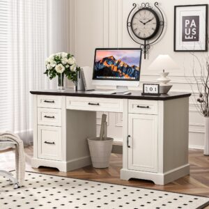 Spurgehom 58-Inch Executive Desk, Farmhouse Computer Desk with Drawers and Storage Cabinet, Wooden Home Office Desk Workstation, Study Writing Table, White&Black