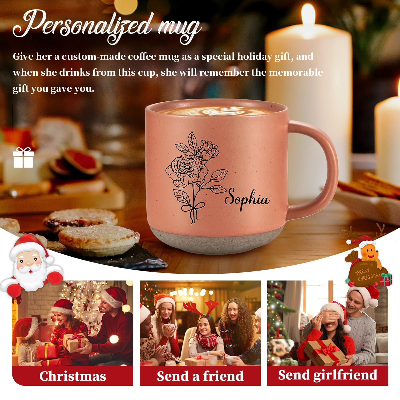 Personalized Ceramic Coffee Mug for Women: Custom Birth Flower Mug with Name & Text for Grandma Wife Mom Sister - Gifts for Grandparents' Day Christmas Birthday Mother’ Day