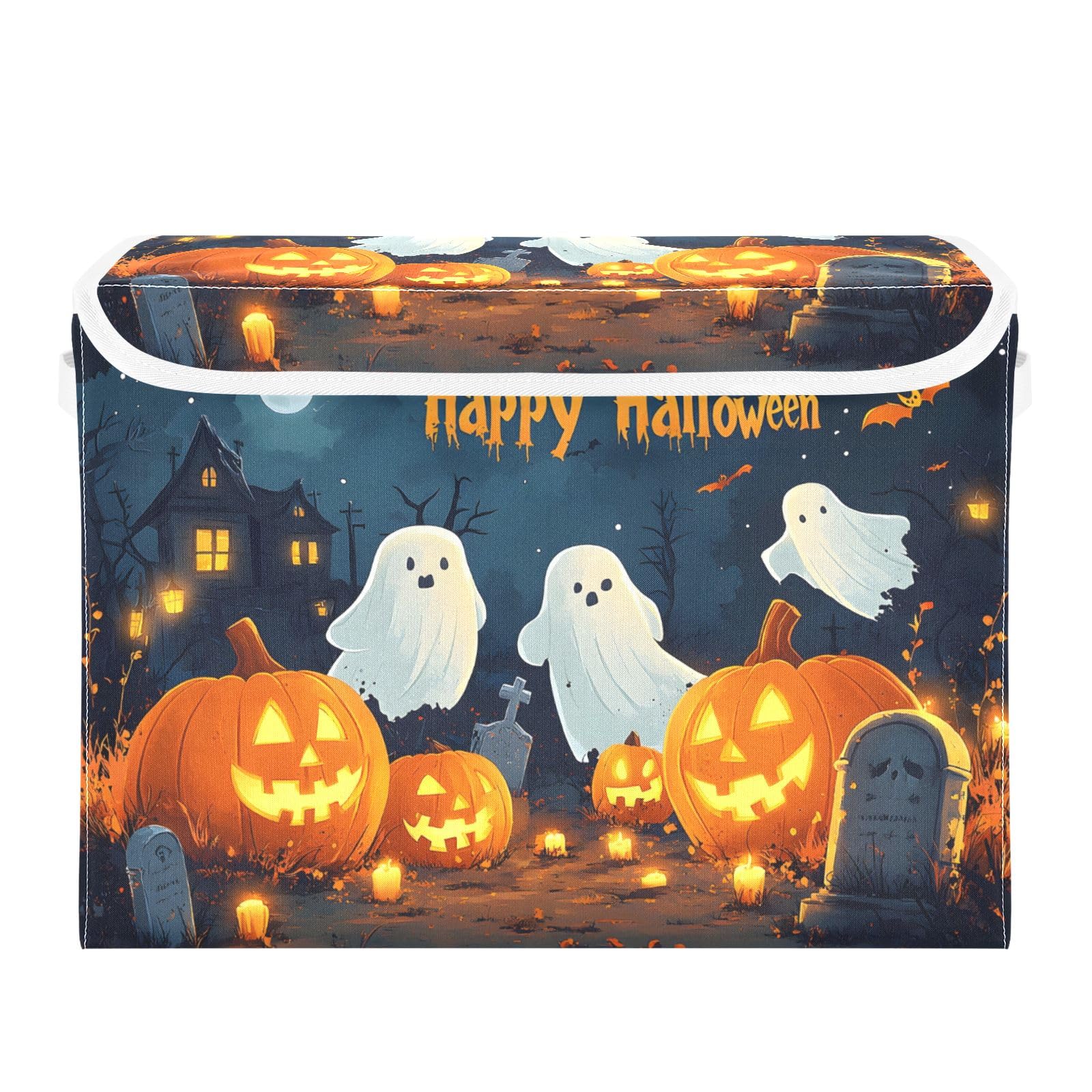 Storage Bins with Lids and Handles,Halloween Background with Pumpkins Ghosts and Cemetary Storage Box Storage Basket with Cover Collapsible Organizer Containers for Home Closet, Shelves