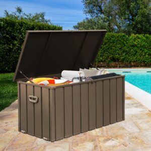 domi 120 gallon deck box outdoor storage box, lockable storage cabinet deck box outdoor waterproof, large metal storage bin for patio furniture cushions garden tools pool-supplies, brown