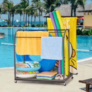 flarhetoric pool towel rack,outdoor pool storage rack with rattan base and 5 towel bars,pool float storage with compartments, store buoys, pool floats, swimming rings, suitable for outdoor/indoor