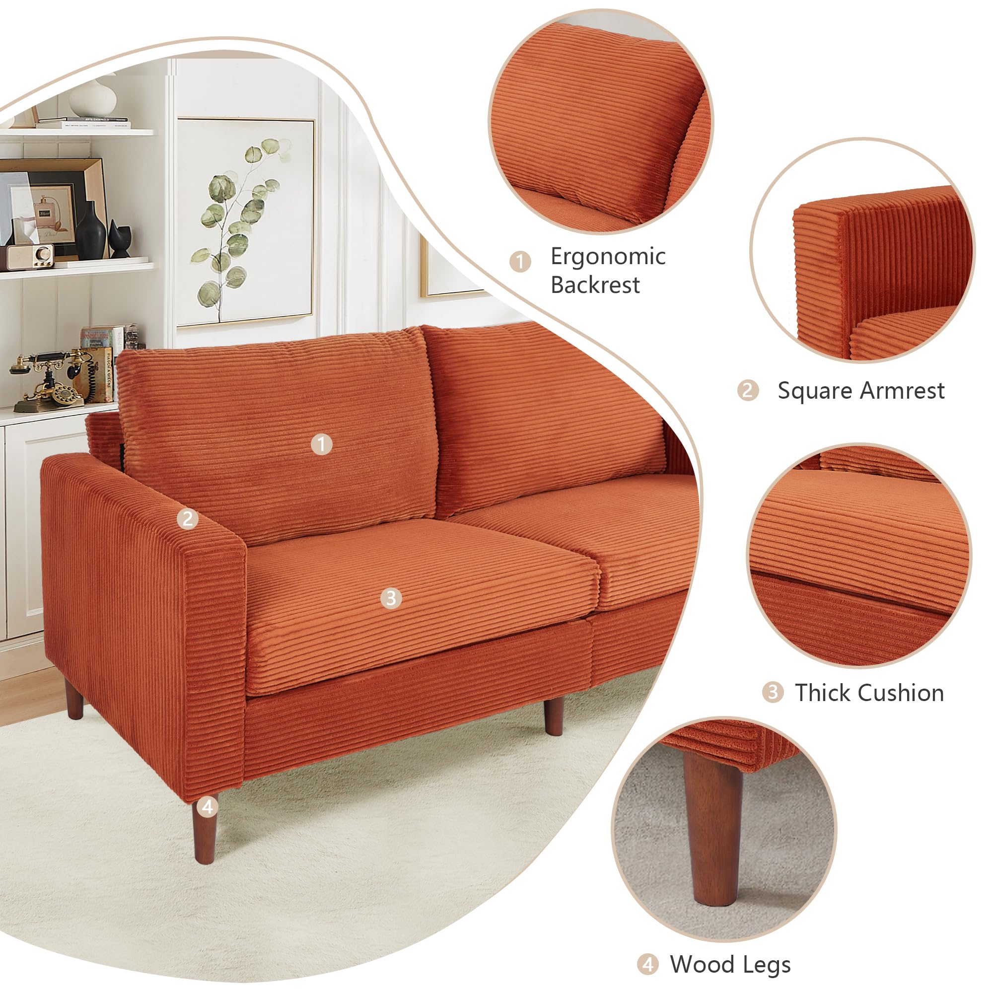 Setawix 82.6 Inch Oversized Loveseat Sofa, Corduroy Upholstered Sleeper Sofa Comfy Modular Couch with Wood Legs, Modern Deep Seat Sectional Couches for Living Room Bedroom Apartment, Orange