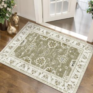 tangsoo floral rug 2x3 washable rug,vintage floral rug indoor boho rug,non-slip print distressed green rug for entryway, soft low pile small area rug for front door kitchen bedroom