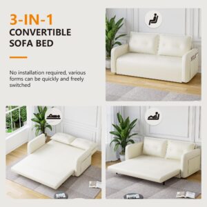 Sofa Bed Couch，3 in 1 sleeper sofa couch with pullout bed，Convertible sofa bed with 2 USB and 1 Type-C Charging Port，4 storage Pockets and 2 soft Pillows,Adjsutable Loveseat for Living Room,White