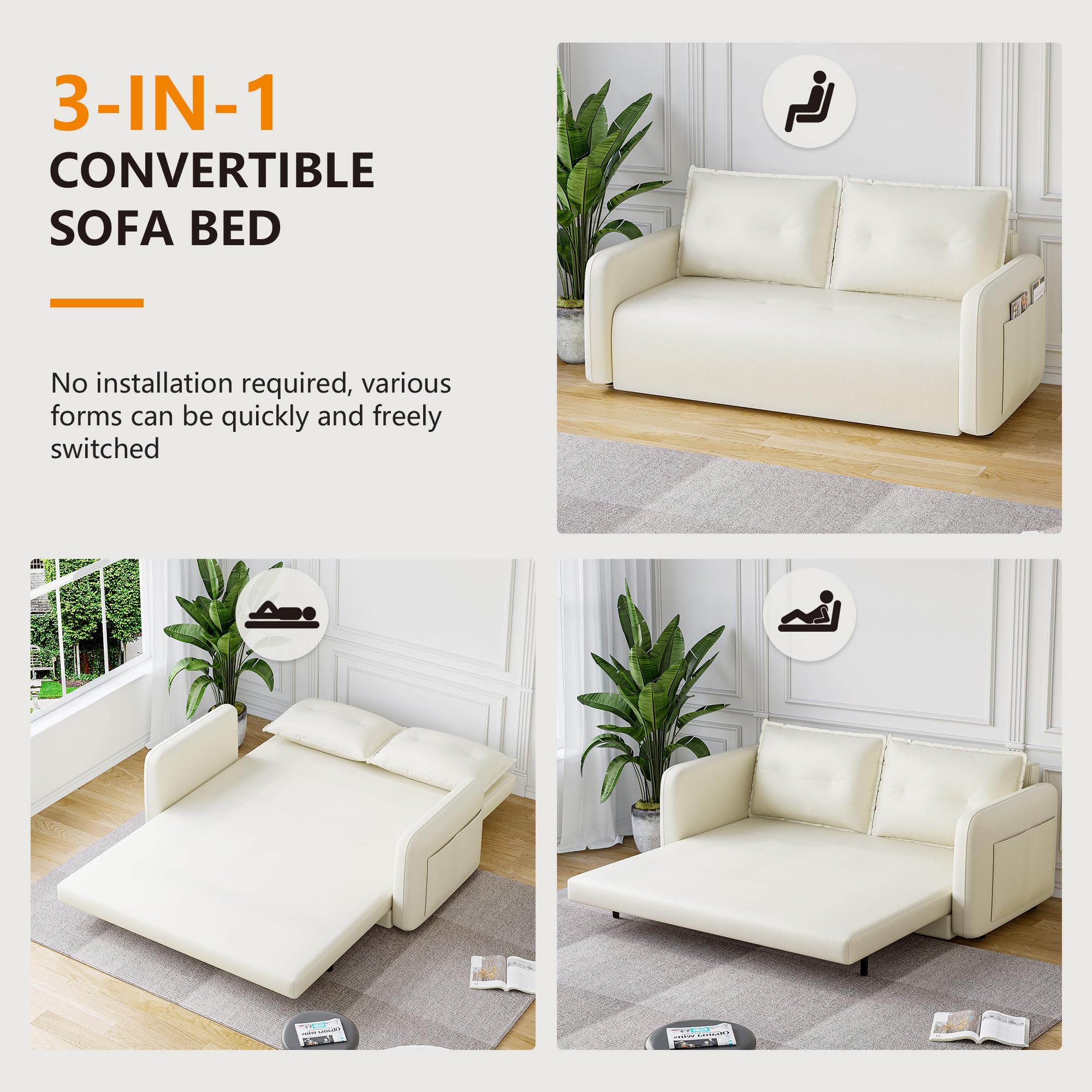 Sofa Bed Couch，3 in 1 sleeper sofa couch with pullout bed，Convertible sofa bed with 2 USB and 1 Type-C Charging Port，4 storage Pockets and 2 soft Pillows,Adjsutable Loveseat for Living Room,White