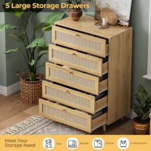 AOGLLATI Rattan Dresser for Bedroom with 5 Drawer, Modern Double Wooden Tall Bedroom Dresser, Chest of Drawers with Metal Handle & Solid Wood Legs for Bedroom/Living Room,Nature