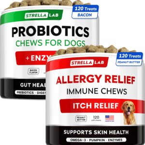 Allergy Relief + Probiotics Dogs Bundle - Itchy Skin Treatment + Digestive Enzymes - Omega 3 & Pumpkin + Prebiotics - Dogs Itching & Licking Treats + Improve Digestion - 240 Chews - Made in USA