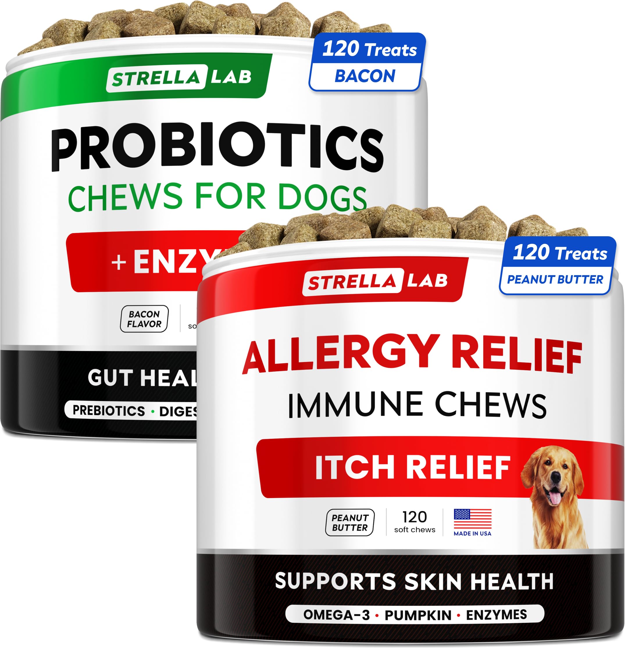 Allergy Relief + Probiotics Dogs Bundle - Itchy Skin Treatment + Digestive Enzymes - Omega 3 & Pumpkin + Prebiotics - Dogs Itching & Licking Treats + Improve Digestion - 240 Chews - Made in USA