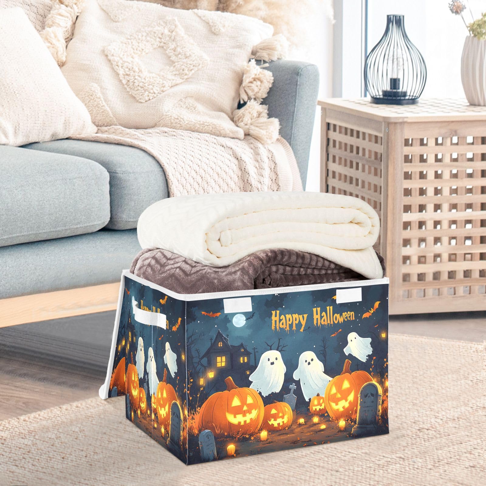 Storage Bins with Lids and Handles,Halloween Background with Pumpkins Ghosts and Cemetary Storage Box Storage Basket with Cover Collapsible Organizer Containers for Home Closet, Shelves