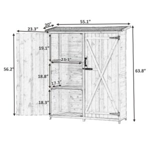 Outdoor Wooden Storage Cabinet Waterproof, Garden Tool Shed with 3-Tier Shelves, Outside Vertical Shed with 2 Double Doors, Fir Wood, 2 Locks & Handles, Gray