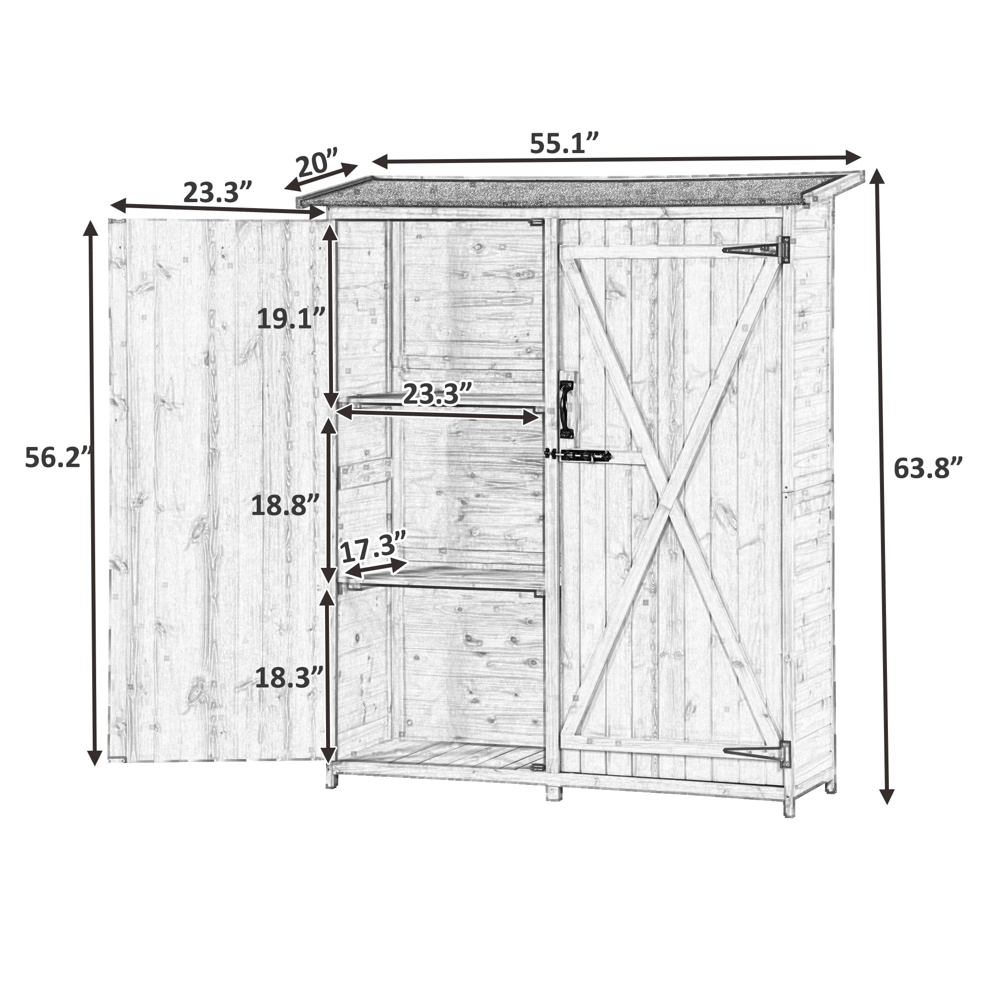 Outdoor Wooden Storage Cabinet Waterproof, Garden Tool Shed with 3-Tier Shelves, Outside Vertical Shed with 2 Double Doors, Fir Wood, 2 Locks & Handles, Gray