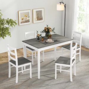 Tangkula Dining Table Set for 4, Farmhouse Solid Wood Dinette Set w/Rubber Wood Legs, Mid-Century Modern Dining Table and Chairs Set for Kitchen, Dining Room (Grey+White)