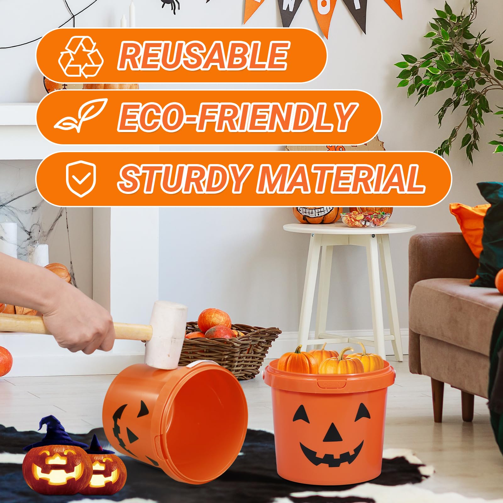 ASEVAT 4-Pack Christmas Candy Buckets, Large Christmas Candy Buckets, Christmas Buckets, Christmas Buckets for Trick or Treat in Bulk for Home, Kids, Bars, and Schools. (Orange, 100oz)