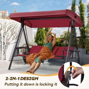 Yalissey 3 Seat Outdoor Swing with Canopy, Patio Swing Chair with Textilene Backrest & 2 Cup Holders for Backyard, Porch, Garden (Wine Red)