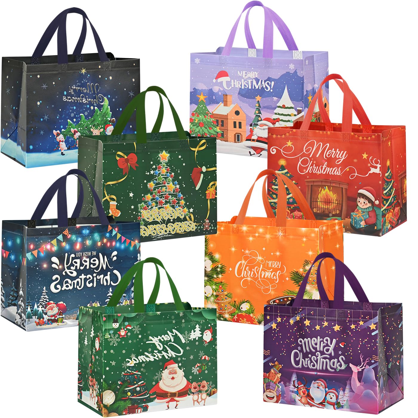 8Pack Large Christmas Gift Bags, Reusable Christmas Bags for Gifts，Christmas Tote Bags with Handles, 12.4"×9.7"×6.8" Xmas Gift Bags for Christmas Presents, Holiday Gift Bags for Shopping, Party Favor