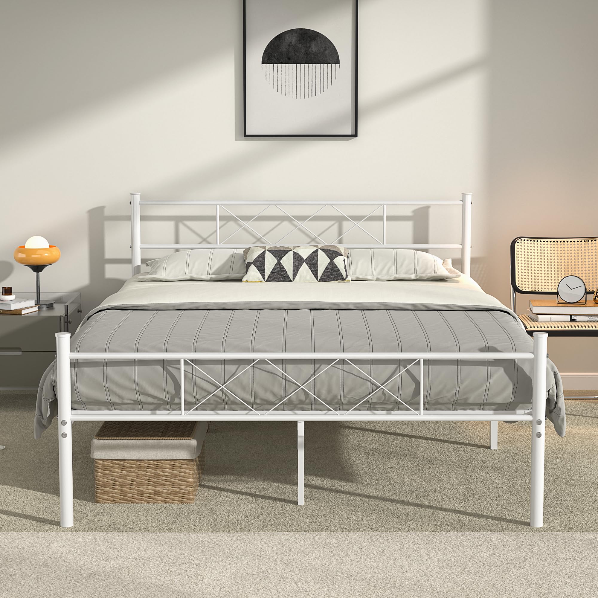 VECELO Full Size Bed Frame with Headboard, Heavy-Duty Platform with Strong Metal Slats, No Box Spring Needed, Easy Assembly, White