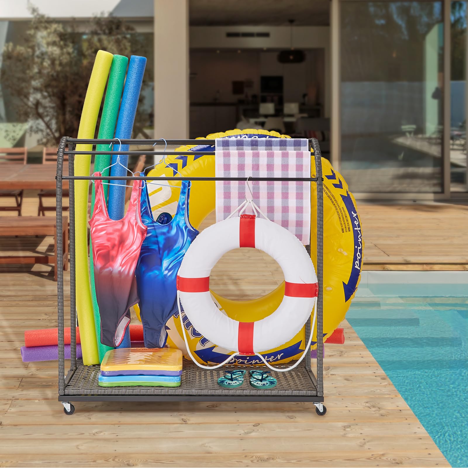 Flarhetoric Pool Towel Rack,Outdoor Pool Storage Rack with Rattan Base and 5 Towel Bars,Pool Float Storage with Compartments, Store Buoys, Pool Floats, Swimming Rings, Suitable for Outdoor/Indoor