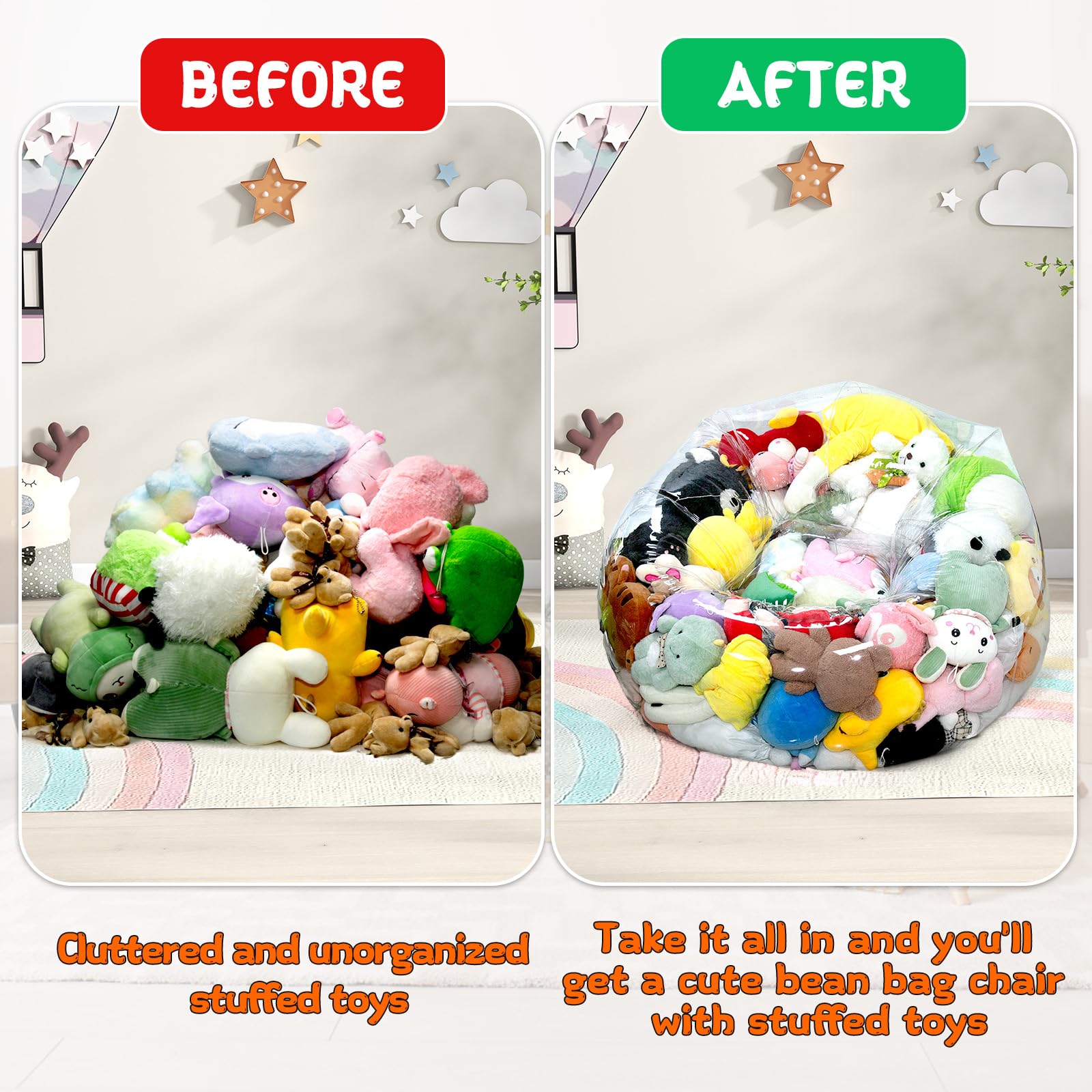 Clear Stuffed Animal Storage Bean Bag Chair Cover for Kids, Extra Large Waterparoof Beanbag Chair Cover with Zipper, PVC Bean Bag Chair for Children Plush Toys Storage & Organizing