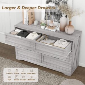 FTZxHKLX Modern 6-Drawer Dresser for Bedroom, Dresser Chest of Drawer with Large Drawers & Golden Handles, Wooden Dresser Drawer Storage Unit for Bedroom, Living Room, Closet (Wash Grey)