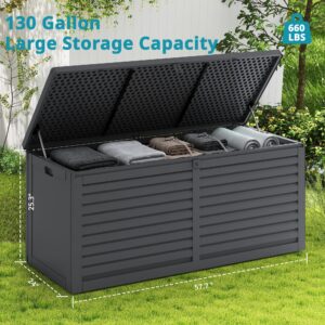 HUGROVE 130 Gallon Resin Deck Box, Large Outdoor Storage with Lockable Lid & Side Handles, Deck Boxes Outdoor Waterproof for Patio Cushions, Garden Tools, and Pool Accessories (Black)