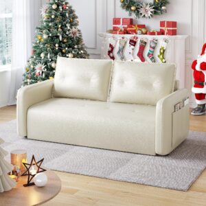 sofa bed couch，3 in 1 sleeper sofa couch with pullout bed，convertible sofa bed with 2 usb and 1 type-c charging port，4 storage pockets and 2 soft pillows,adjsutable loveseat for living room,white