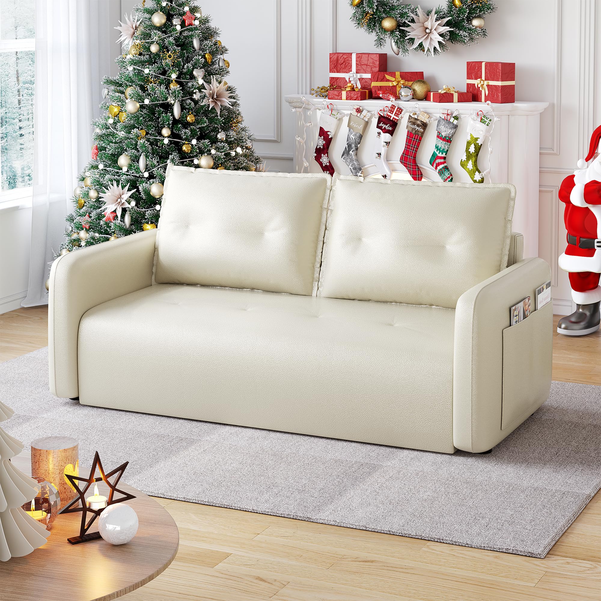 Sofa Bed Couch，3 in 1 sleeper sofa couch with pullout bed，Convertible sofa bed with 2 USB and 1 Type-C Charging Port，4 storage Pockets and 2 soft Pillows,Adjsutable Loveseat for Living Room,White