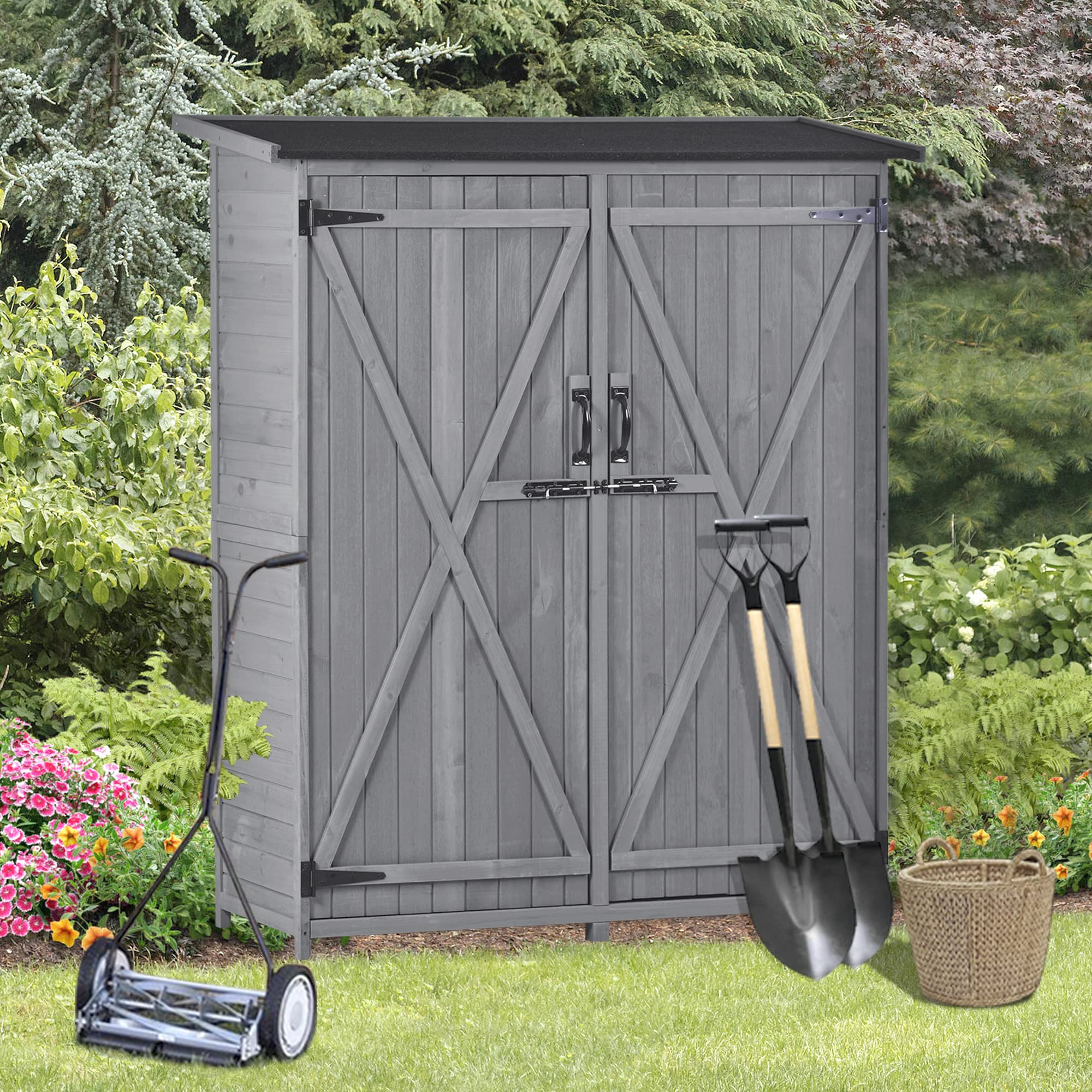 Outdoor Wooden Storage Cabinet Waterproof, Garden Tool Shed with 3-Tier Shelves, Outside Vertical Shed with 2 Double Doors, Fir Wood, 2 Locks & Handles, Gray