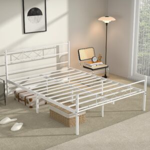 VECELO Full Size Bed Frame with Headboard, Heavy-Duty Platform with Strong Metal Slats, No Box Spring Needed, Easy Assembly, White