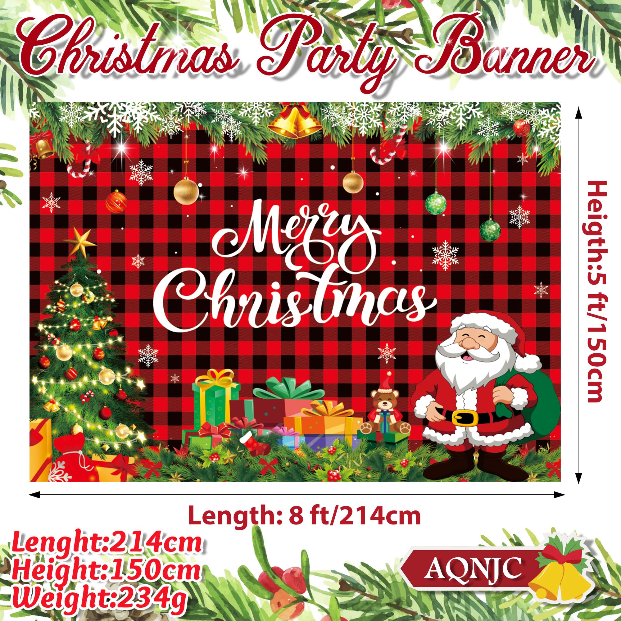 7x5ft Christmas Banner Christmas Tree Santa Claus Snowflake Christmas Backdrop Home Outside Office Decorations Red and Black Plaid Xmas Winter Hanging Wall Party Banner for Photoshoot