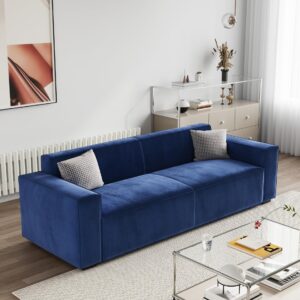 Yoglad 88.6" 3-Seater Modern Minimalist Sofa with Square Armrests, Oversized Seat Velvet Couch and 2 Pillows, Right Angles Geometry Loveseat Furniture for Living Room Small Apartment (Klein Blue)