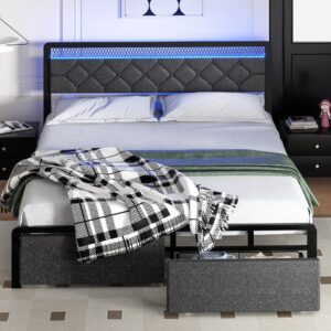 sunlei queen size bed frame with 2 drawers, metal platform bed with led light button tufted headboard, strong metal slats, easy assembly, no box spring needed, modern, black