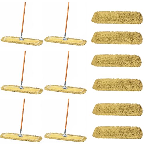 24 Inch Yellow Dust Mop with Wood Handle and 24 Inch Dust Mop Refill Bundle - 6 Mop Sets and 6 Refills