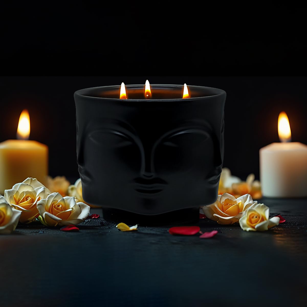 20 oz Black Buddha Head Aromatherapy Candle, Lavender Scent, 3-Wick Soy Wax Candle for Relaxation and Meditation, Decorative Candle for Home Décor, Stress Relief Candle